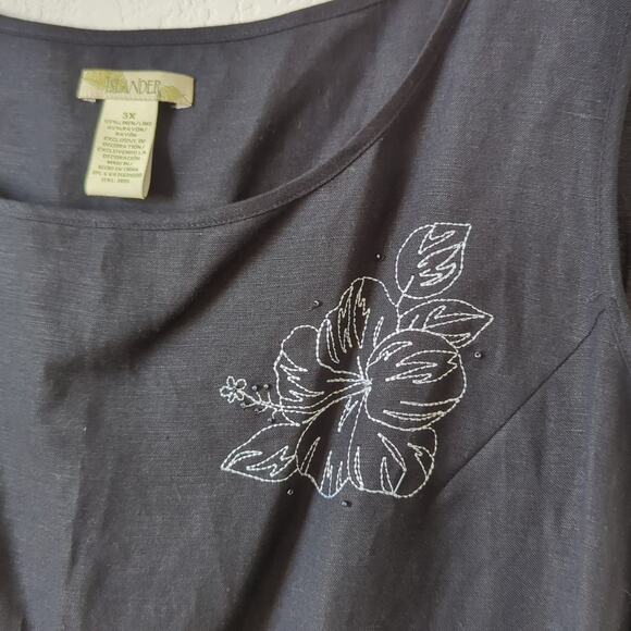 Islander Tank Womens 3X Top Linen Tropical Hawaii Hibiscus Flower Embroidered - Picture 4 of 7